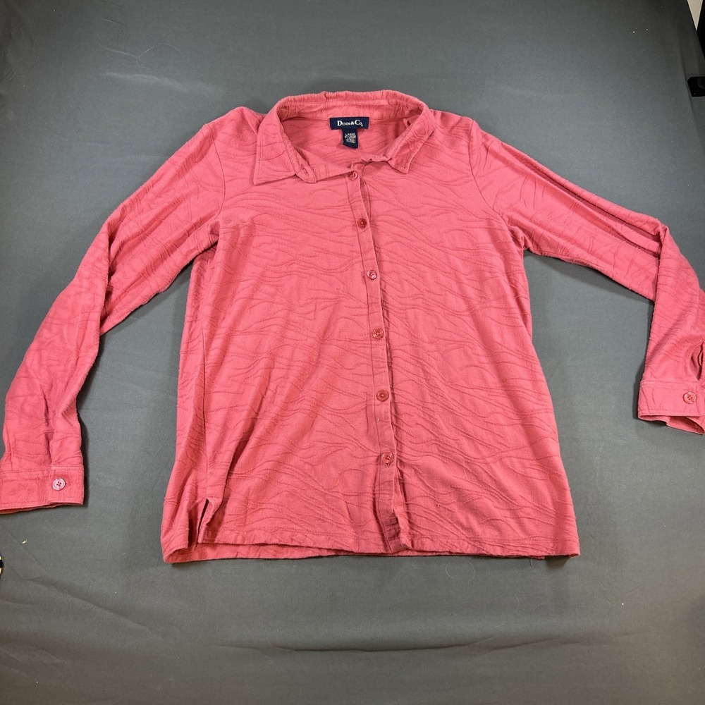 Denim & Co Coral Pink Textured Button Down Shirt Large Long Sleeve Top